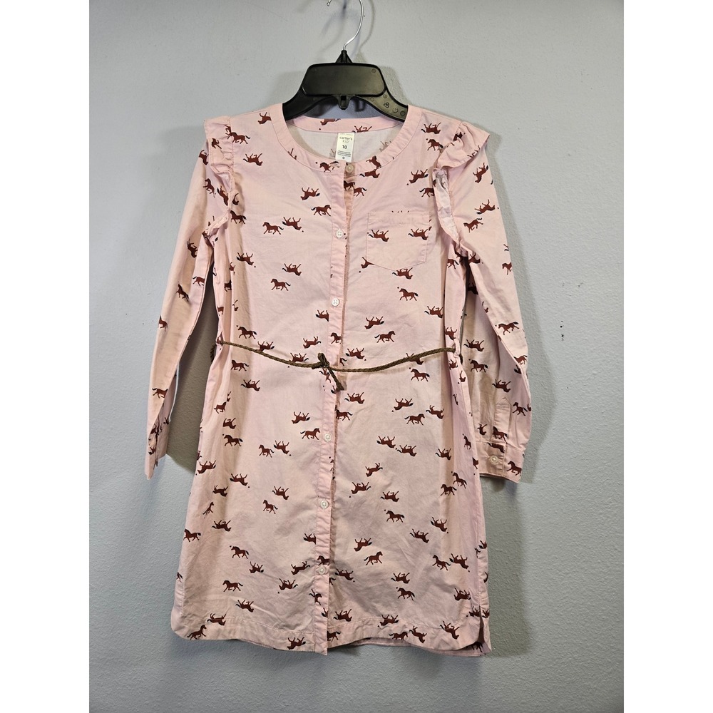 Carter's Horse Print Ruffle Shoulder Belted Button Front Shirt Dress 10